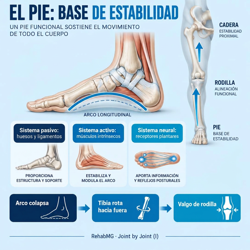 Infografía: el pie como base de estabilidad, sus tres subsistemas y el efecto en cadena hasta la rodilla