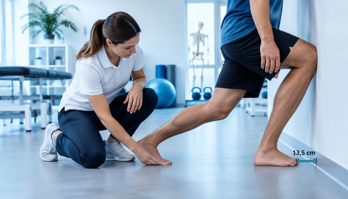 Test rodilla a la pared: medición de 13,5 cm desde la pared al segundo dedo del pie delantero, con el talón apoyado